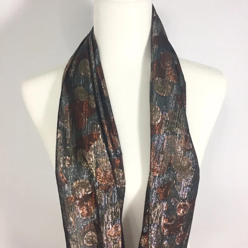 Vintage Scarf Metallic Silver Gold Copper Black Warm Fall Colors - Picture 4 of 13